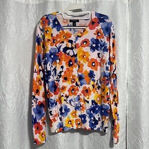 Lands' End Floral Blouse in Blue, Orange, and Yellow
